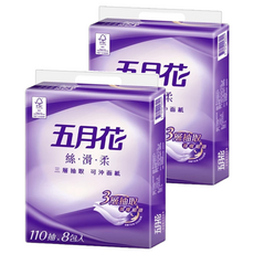 五月花 絲滑柔可沖面紙 3層, 8包, 2袋
