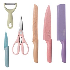 EVERRICH 小麥桔稈6件套彩印刀組, 削皮器 + 廚房剪刀 + 水果刀 + 麵包刀 + 主廚刀 + 菜刀, 1組