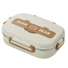 Mega 可愛五格便當盒套裝 304不鏽鋼材質 附贈湯碗+筷勺組+熊熊保溫袋, 奶茶色, 1組