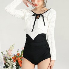 MEICHEL 高腰撞色肩帶連身泳衣罩衫開襟衫套裝 02718, 白色