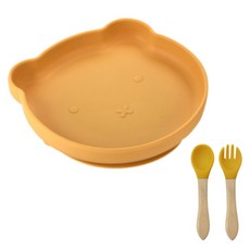 라온담 유아용 곰돌이 실리콘 흡착 식기 세트, 옐로우, 1세트, 식판 + 스푼 + 포크