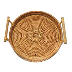 Maket Gamseong 圓形藤編提把托盤, 1個, 混色