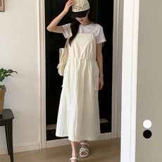 afinar 女款腰部抽繩防皺工裝無袖連身裙, 象牙白