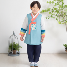 GAON BABY HANBOK 男嬰用淺藍色雙袖彩緞韓服上下套裝 AM245