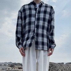 Meosidda 男女通用蜜桃絨格紋寬鬆泡泡袖襯衫