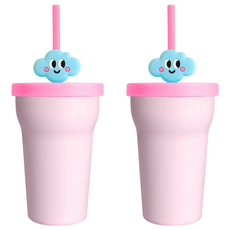데일리키즈 실리콘 빨대 + 실리콘 뚜껑 + 스텐컵 + 탈부착 구름장식, 2세트, 핑크