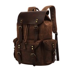 過蠟防潑水帆布配頭層瘋馬牛皮男士大容量雙肩包/後背包/登山包/男包 CLB13 1230g, 咖啡色