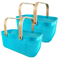 北歐風加寬木柄手提收納籃, 縷空籃體, 超大容量, 輕量設計, 耐重加大, 通風瀝水, 40 x 21 x 18cm, 經典藍綠, 2個