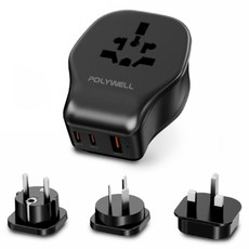 POLYWELL 寶利威爾 替換式萬國轉接頭 20W Type-C 2個 + USB-A 附多國轉接頭 無台灣/北美插頭 PW15-T05-A141, 黑色, 1個