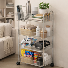 Evright 多用途壓克力迷你推車 + 掛籃套組 4層 33 x 21 x 91 cm, 透明