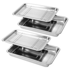 4BNK 無研磨劑廚房用方形全不鏽鋼託盤, 2個, 托盤 小 2入, 托盤 + 網架 + 托盤