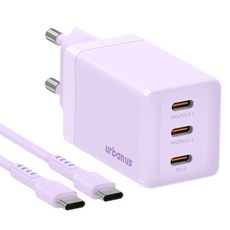 어반어스 GaN 67W 미니 C타입 3포트 PD PPS 초고속 충전기 65W C TO C 케이블 1.5m, 퍼플, 1개