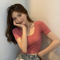 데이프릴 여성용 라운드넥 슬림 크롭 티셔츠