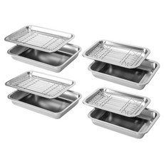 4BNK 無研磨劑廚房用方形全不鏽鋼調理盤 2種 x 2入組, 1套, 調理盤 小 2P + 中 2P, 調理盤 + 網架 + 托盤