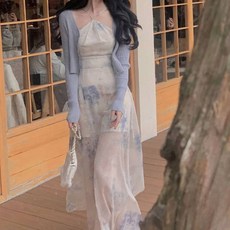 비비에모 쿨리크 홀터넥 오픈숄더 냉감 통기성 롱 트임 원피스 03887