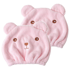 熊熊乾髮帽 柔軟聚酯纖維 超吸水材質, 粉色, 2個