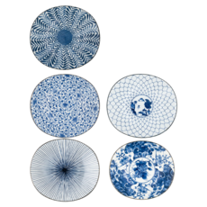 Saikai 西海陶器 波佐見燒 職人手繪系列 五件式淺菜盤, 藍色 + 白色, 1組