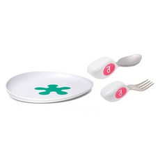 doddL 秒拾餐具 人體工學 兒童學習餐具, 草莓紅, 1組, 幼兒湯匙 + 叉子 + 飛碟餐盤