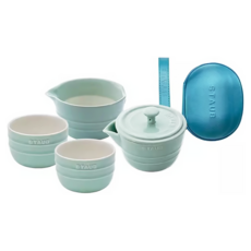 STAUB 攜帶式旅行陶瓷茶具4件組, 茶杯2個 + 蓋碗 + 公道杯 + 茶具包, 天青色, 1組