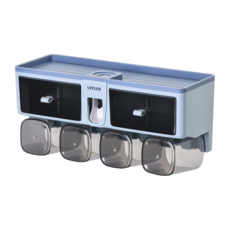 FAmILyLIFE 生活 抽屜式無痕壁掛耐重牙刷架 四杯組, 藍色, 1組