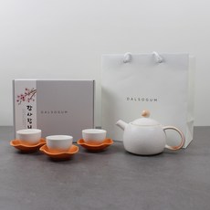Dalsogum 傳統禮盒組 陶瓷茶壺茶杯 軟柿組, 白色 + 橘色, 1套, 茶壺 + 3入茶杯 + 3入茶杯墊