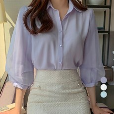 PAPERMENTS 7分蓬蓬袖透膚雪紡衫