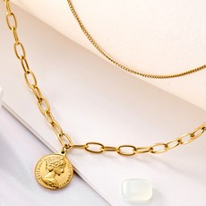 노이드비 여성용 써지컬스틸 굵은체인 두줄양면 코인목걸이