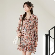 헤링본 여성 봄 쉬폰 랩 미니원피스 프릴 플라워 긴팔 가을 플레어 A라인 데일리 HE035