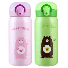 彈蓋式保溫瓶 350ml, 粉紅色+綠色, 2個