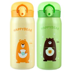 彈蓋式保溫瓶 350ml, 黃色+綠色, 2個