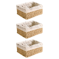 내츄럴 수공예 직사각 수납 린넨 라탄바구니, 혼합색상, 3개