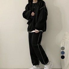 Goodif 女款大尺碼舒適滾邊細節大學T + 束口褲套裝