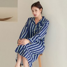 글램공감 여성용 파블로 셔츠형 원피스 긴팔 스트라이프 잠옷