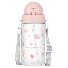PUKU 藍色企鵝 Tritan滑蓋揹帶吸管水壺, 食品級矽膠材質, 安心防漏設計, 粉色, 330ml, 1個