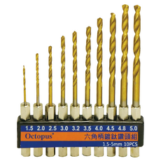 Octopus 章魚牌 六角柄鍍鈦鑽頭組 1.5-5mm 10件 HSS高速鋼, 1組
