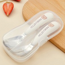 WONDER PAPA 幼兒用可愛角色湯匙 + 叉子 + 收納盒組, 1套, 湯匙 + 叉子 + 收納盒, 白色小熊