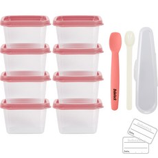 Beverac Elpa Square Cube 嬰兒食品容器 120 毫升 x 8 件 + 矽膠勺步驟 1 + PP 勺子 + 名字貼紙 24 件套, 蜜桃粉, 1組