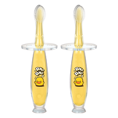 PiYOPiYO小鴨安全矽膠學習牙刷一體成型柔軟不傷齒齦高密度毛刷清潔牙齒底部吸盤設計可站立, 黃色, 1入, 2支