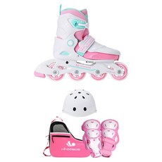 wheelers 兒童用Cyber 4直排輪 + 安全帽 + 護具 + 收納袋組合, 白色(直排輪 + 安全帽) + 粉色(防摔支撐墊) + 米色(收納包), 1組
