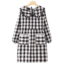 Leovince 簡約素雅圍裙 帆布長袖大格紋, 黑色