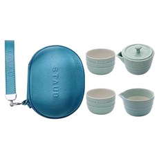 staub 攜帶式旅行陶瓷茶具4件組, 茶杯2個 + 蓋碗 + 公道杯 + 茶具包, 天青色, 1組