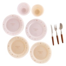 MYUMYU 沐慕家居 頂級慈玉碗盤餐具9件組, 米色 + 粉色, 1套, 粉盤 2個 + 米盤 2個 + 粉碗 + 米碗 + 湯匙 + 刀子 + 叉子