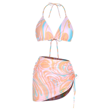 WEEK9 三件式罩衫大理石紋比基尼泳裝組, 橘色