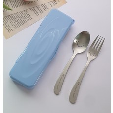 孩童湯匙叉子組+餐具盒 S號, 天藍色(餐具盒), 1組