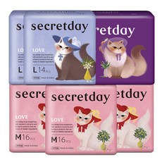 secretday Love蝶翼型衛生棉 中(24.5cm) 16片入 3包+大(29cm) 14片入 2包+超長夜用型(43cm) 8片入, 1組