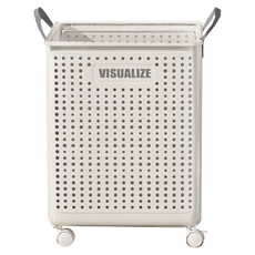 FANCY LIFE 帶手把折疊收納籃 米色 帶輪收納方便, 1個, 大(35 x 26.5 x 43.5cm)