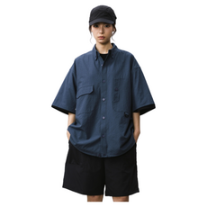 BOHRHOO 泡泡紗機能短袖襯衫 - 灰藍色 100%聚酯纖維, S