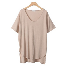 시크블랙 여성용 통기성 루도니 U넥 언발 트임 반팔 티셔츠 T7098K15