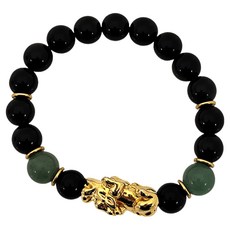 Selene 聚財擋煞黑彩曜貔貅手珠 金色 79g，招財開運、避邪保平安, 1條