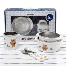 iNDi BEAR 小熊印花嬰兒餐具禮盒, 白色, 飯碗+點心碗+杯子+湯匙+叉子